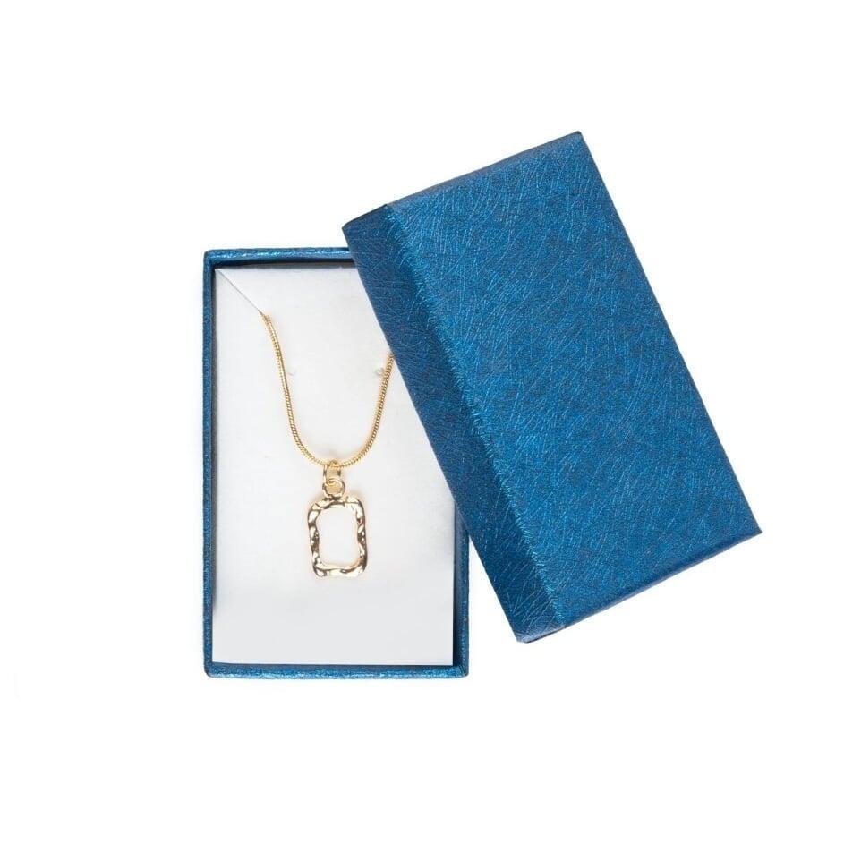 Elegant gold pendant necklace with a textured rectangular design displayed in a luxurious blue jewelry gift box featuring a white foam insert, ideal for special occasions and premium presentations.