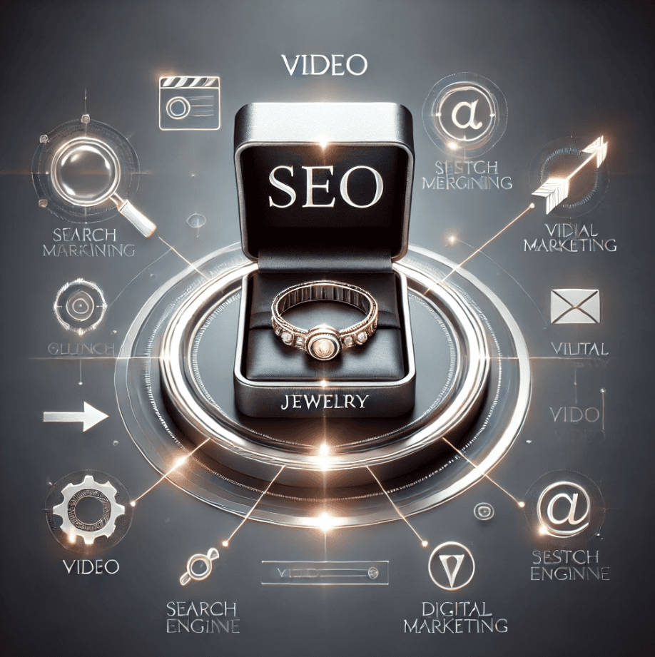 A sleek black jewelry box with a gemstone bracelet labeled 'SEO Jewelry,' surrounded by digital marketing icons and terms like video, search engine, and email, set against a futuristic design.