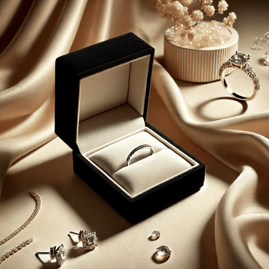 An elegant black jewelry box with a diamond ring, surrounded by gold satin fabric, earrings, and a decorative vase in a luxurious setting.