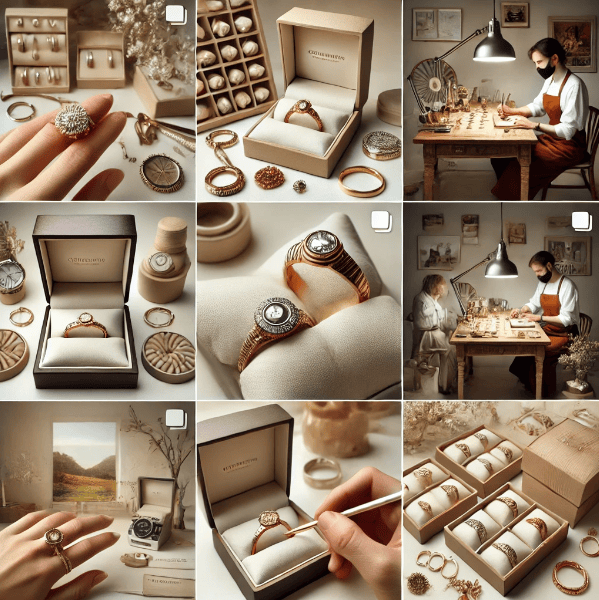 Jewelry brand’s Instagram feed showcasing behind-the-scenes content, customer photos, and luxury jewelry packaging.