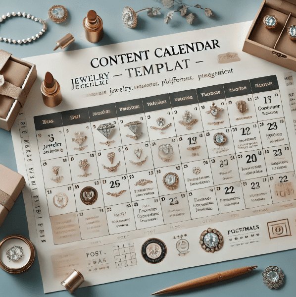 Content calendar for jewelry retailers with posts about luxury packaging, jewelry care, and customer engagement.