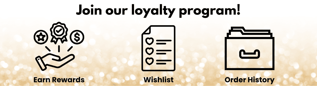 Banner promoting a loyalty program with a sparkling gold background, featuring icons for earning rewards, creating a wishlist, and accessing order history. The "Join our loyalty program" headline invites users to engage with exclusive member benefits.