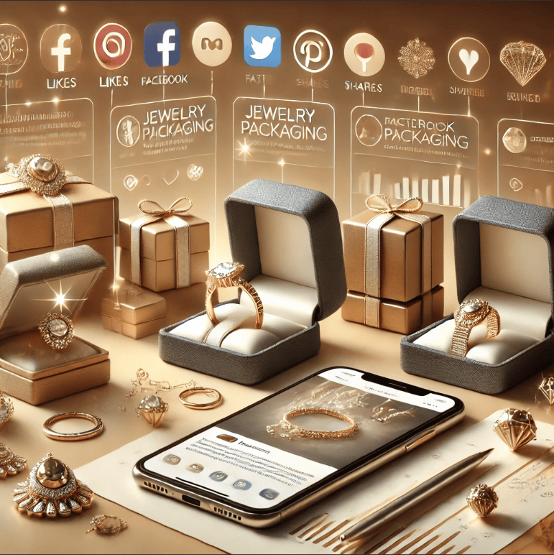 A luxurious display of jewelry boxes with rings and accessories, surrounded by social media icons like Facebook, Instagram, and Pinterest, highlighting digital engagement and branding for jewelry packaging.