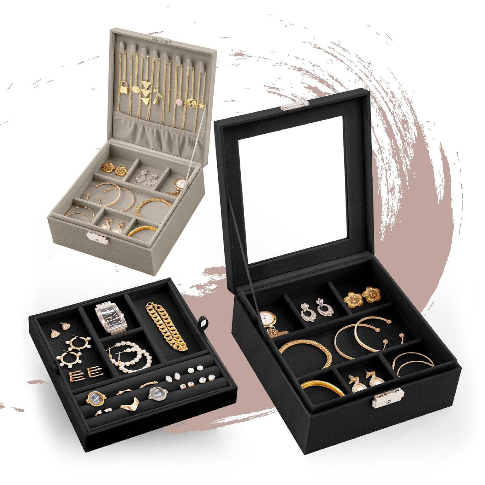 Circular image showcasing elegant necklace and bracelet boxes, featuring a rosewood pearl necklace box and a sleek bracelet box with plush interiors. Set against a pink background with heart garlands, inviting users to shop necklace and bracelet boxes for premium jewelry presentation.