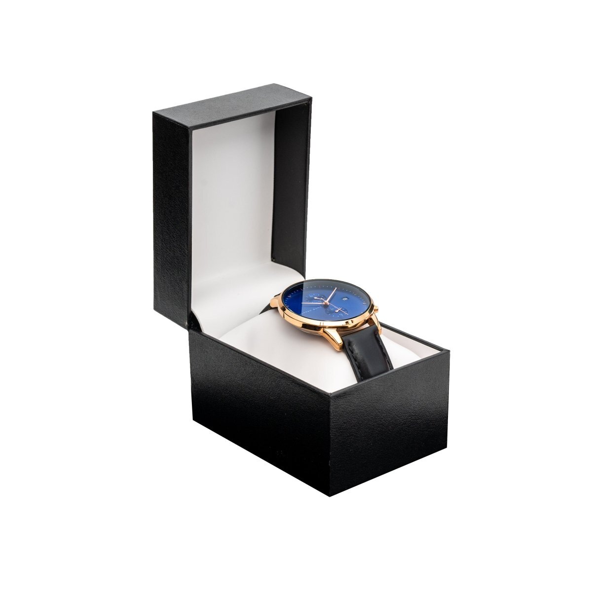 Luxury wristwatch featuring a polished gold case, vibrant blue dial, and black leather strap, elegantly presented in a sleek black gift box with a white interior.